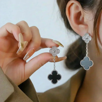 [Everoly JW]CLOVER 2 MOTIFS  DIAMOND ONYX EARRINGS SILVER