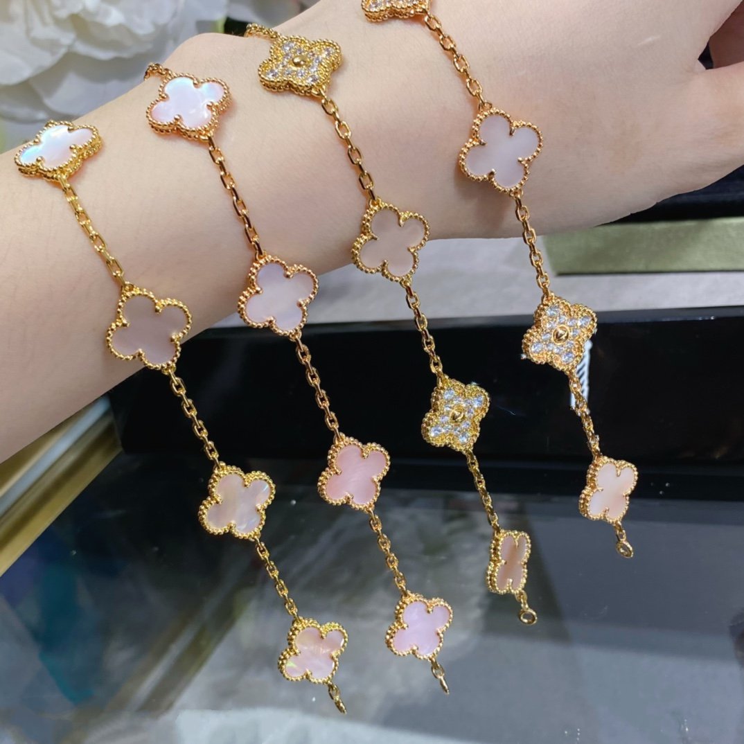 [Everoly JW]クローバー 5モチーフ ダイヤモンド ピンクモップ ピンクゴールド ブレスレット