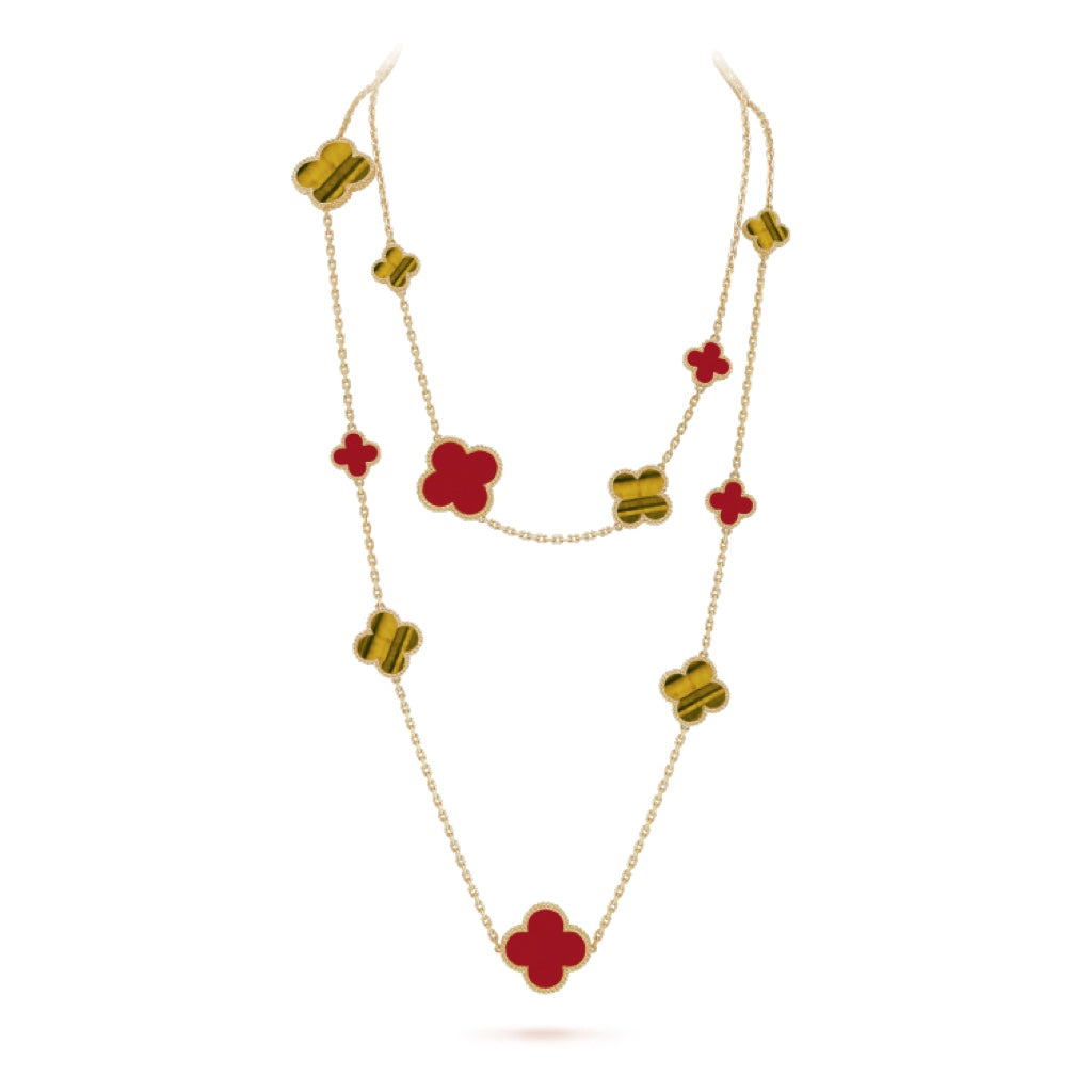 [Everoly JW]CLOVER 16 MOTIF CARNELIAN TIGER EYE ROSE GOLD NECKLACE