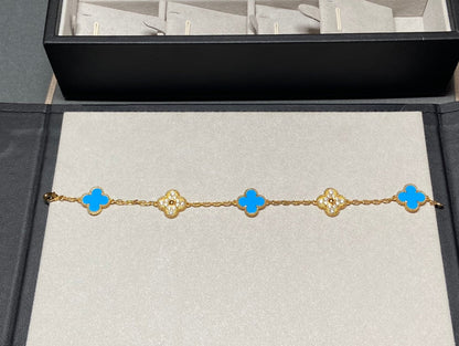 [Everoly JW]クローバー5モチーフ ブルーカルセドニー ダイヤモンド ゴールドブレスレット