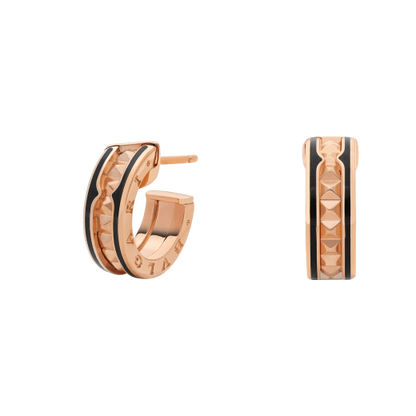 [Everoly JW]ZERO 1 ROCK PINK GOLD EARRINGS WITH STUDDED SPIRAL AND BLACK CERAMIC