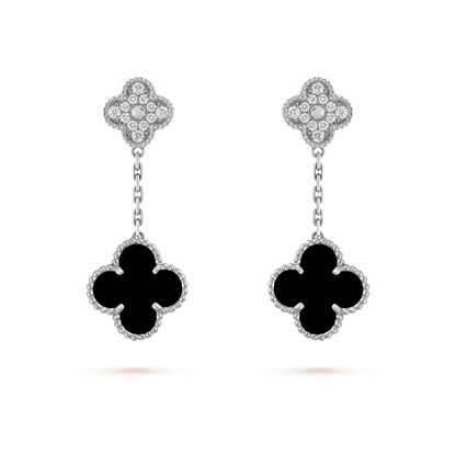 [Everoly JW]CLOVER 2 MOTIFS  DIAMOND ONYX EARRINGS SILVER