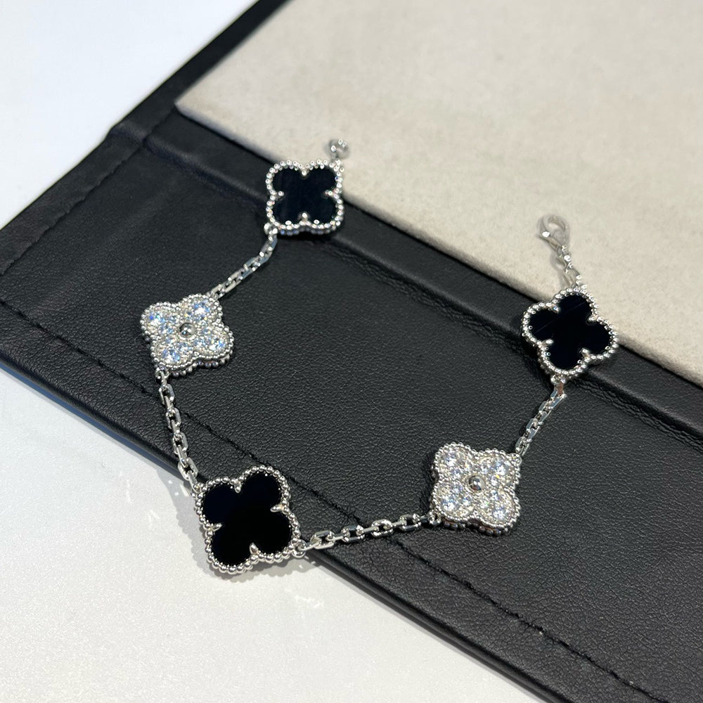 [Everoly JW]クローバー 5モチーフ オニキス ダイヤモンド ブレスレット シルバー