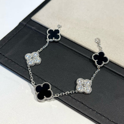 [Everoly JW]クローバー 5モチーフ オニキス ダイヤモンド ブレスレット シルバー