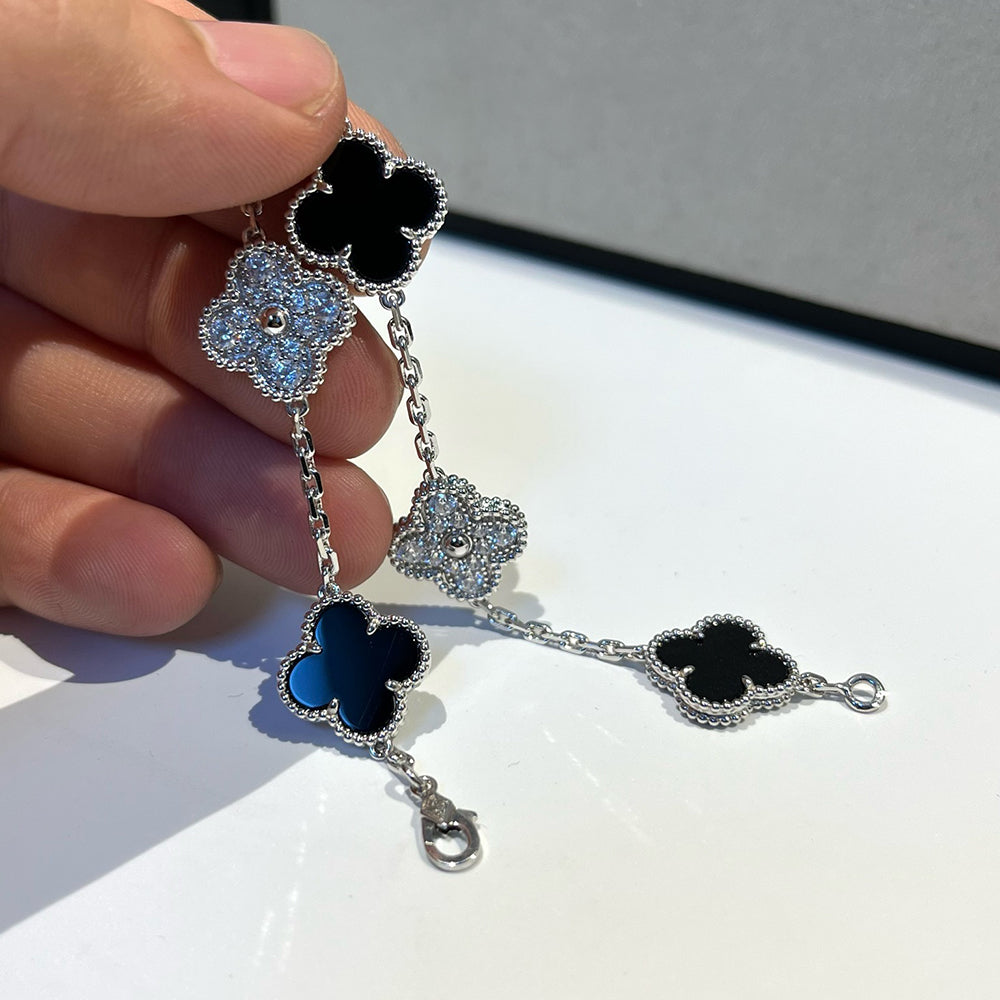 [Everoly JW]クローバー 5モチーフ オニキス ダイヤモンド ブレスレット シルバー