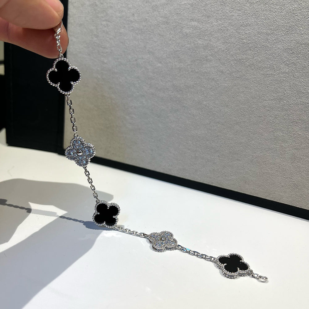 [Everoly JW]クローバー 5モチーフ オニキス ダイヤモンド ブレスレット シルバー