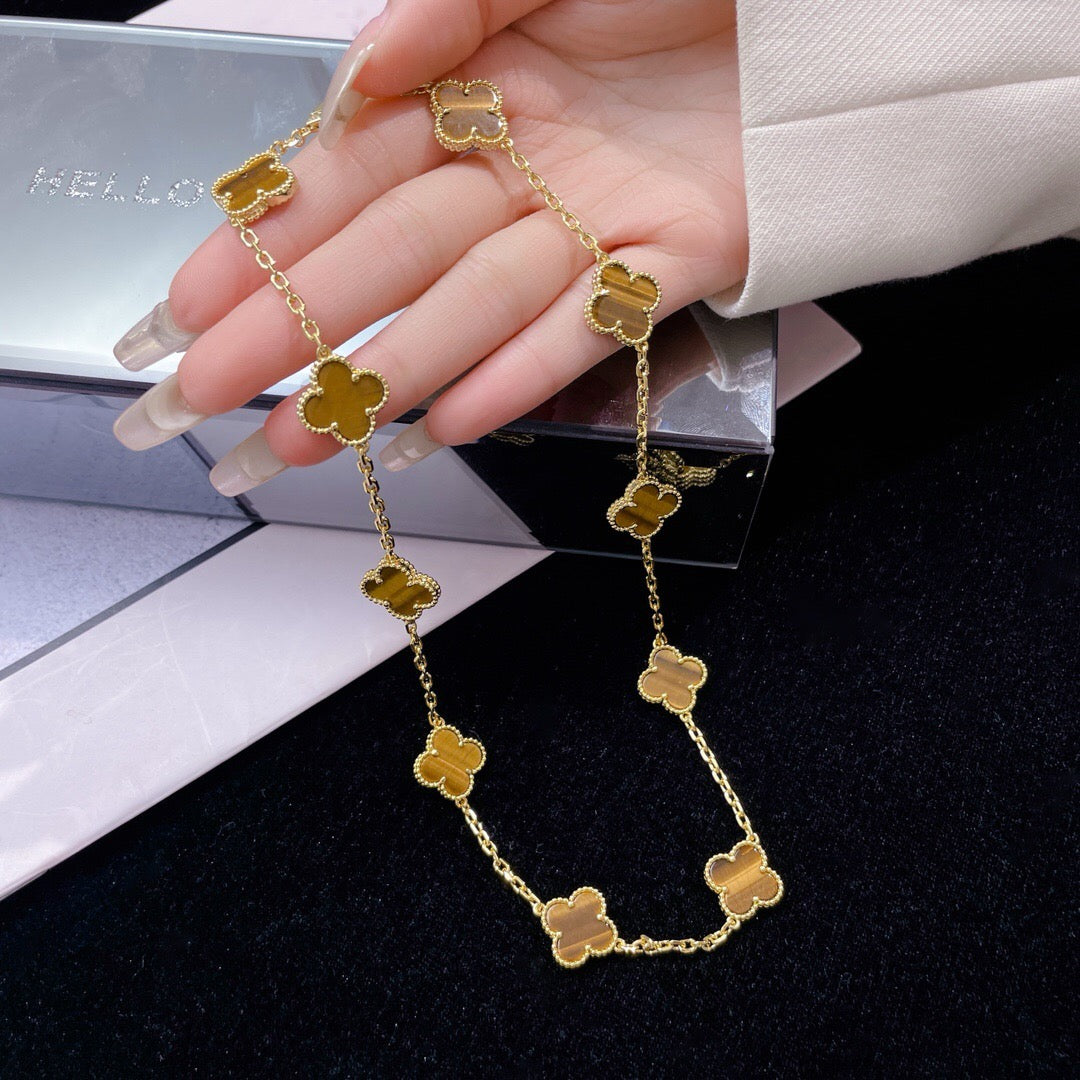[Everoly JW]CLOVER 10 MOTIFS TIGER EYE NECKLACE
