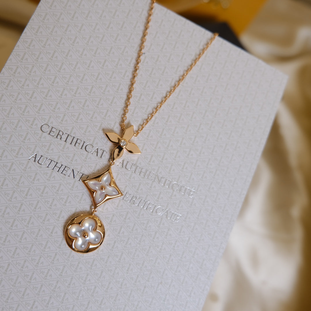 [Everoly JW]COLOR BLOSSOM LARIAT NECKLACE PINK GOLD WHITE MOTHER PEARL AND DIAMOND