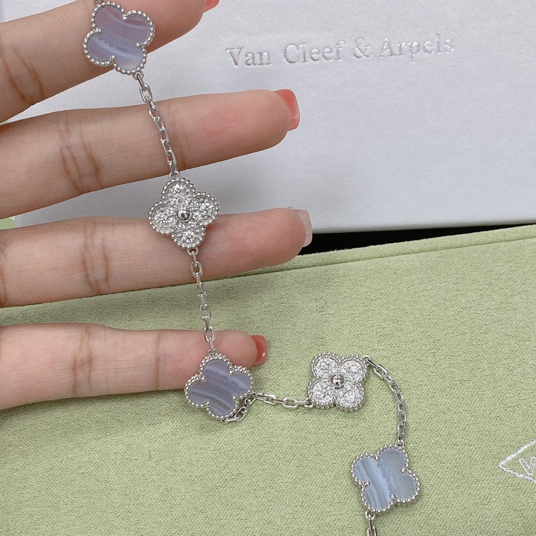 [Everoly JW]CLOVER  5 MOTIF DIAMOND PURPLE CHALCEDONY BRACELET SILVER