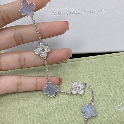 [Everoly JW]CLOVER  5 MOTIF DIAMOND PURPLE CHALCEDONY BRACELET SILVER