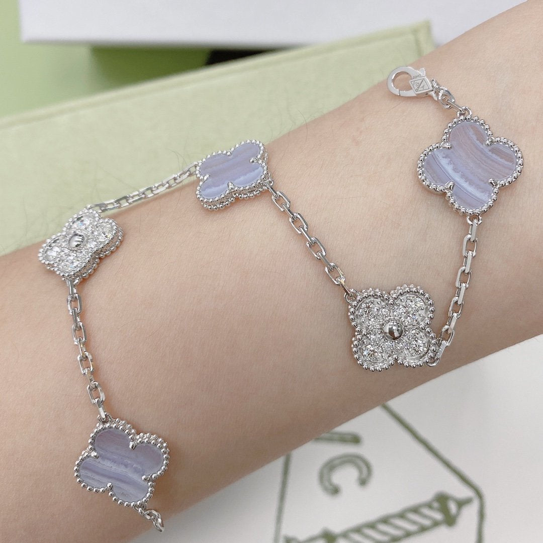 [Everoly JW]CLOVER  5 MOTIF DIAMOND PURPLE CHALCEDONY BRACELET SILVER