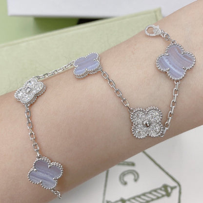 [Everoly JW]CLOVER  5 MOTIF DIAMOND PURPLE CHALCEDONY BRACELET SILVER