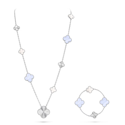 [Everoly JW]DETACHABLE CLOVER 15(11+4) FLOWER SILVER NECKLACE SET